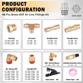 CheeMuii 58 Pcs Brass DOT Air Line Fittings Kit Push Lock DOT Air Fittings Push to Connect Fittings NPT Thread & Quick Connect Air Hose Fittings for Air Line Air Hose Pneumatic Tubing