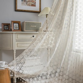 Freyamy Set of 2 Transparent Floral Embroidery, Translucent Beige Curtain with Rod Pocket, Embroidered Lace Curtains, Vintage Macrame, Door Rod Pocket Curtain, 180 x 150 cm for Bedroom