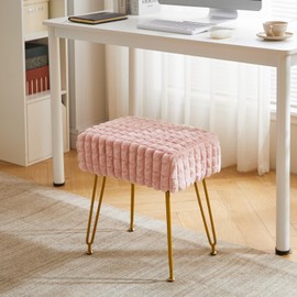 IBUYKE Rectangular Footrest Stool Ottoman, Makeup Vanity Stool Side Table, Velvet Dressing Table Seat, Footstool Chair, Golden Steel Legs, for Makeup Room, Bedroom, Square Grid Pattern, Pink WBD003P