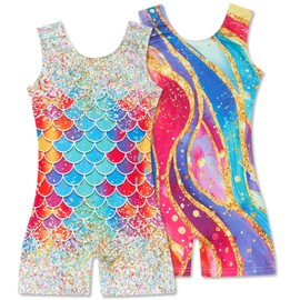 Taubow 2 Packs Gymnastics Leotards for Girls Size 6 7 Kids Biketard with Shorts Gradient Mermaid Dance Leotard