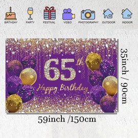 65th Birthday Decorations for Women, Purple Glitter Spots Fabric Sign Poster Birthday Party Decoration Background Banner Woman, 65th Birthday Party Decoration