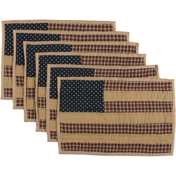 VHC Brands Patriotic Patch Star Cotton Primitive Tabletop Kitchen Hand Quilted Patchwork Placemat Set of 6, 12" x 18", Deep Red