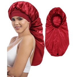 AWAYTR Long Satin Braids Bonnet for Women - 2 Layer Silk Bonnet for Braids Elastic Hair Sleeping Cap with Wide Band Nightcap (Wine red)