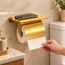 Stainless Steel Toilet Paper Holder with Shelf, Wall-Mounted Bathroom Tissue Roll Holder with Phone Storage, Gold