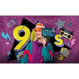 90s Party Decoration Kit - Includes Photography Backdrop & 10 Studio Selfie Photo Booth Props with Sticks - 90's Retro Style Hip Hop Theme Studio Background Banner Supplies