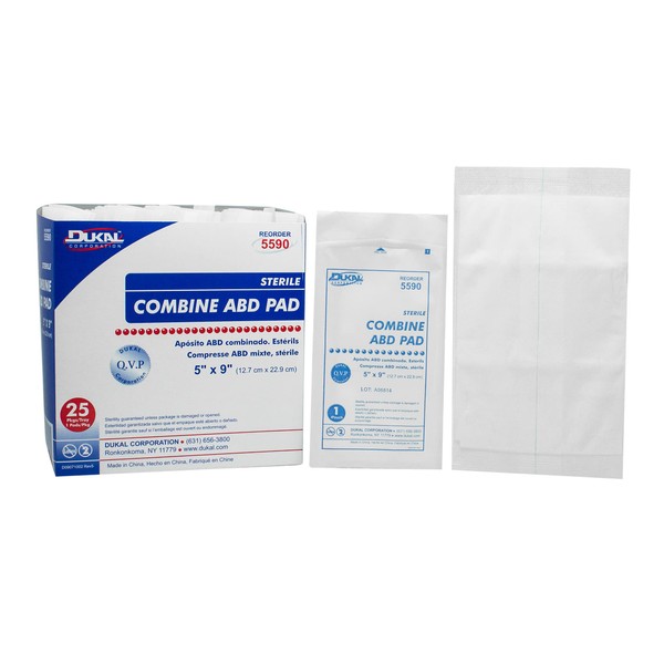 Dukal Combine ABD Pad, Sterile, 5" W x 9" L (16 Trays of 25) (Pack of 400),5590