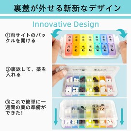 Fullicon Quicklii S (Small) Pill Case for a Week, Twice a Day, Instantly Refill, Time-Saving Refill, Novel Design, Sun and Moon, Japanese Printing (Rainbow Transparent)