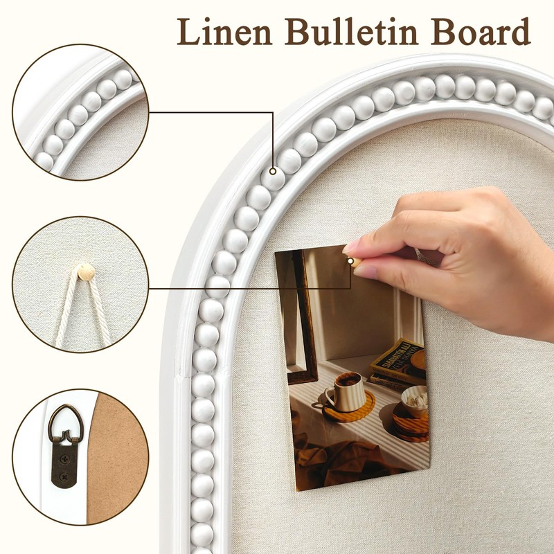 Umtiti 16" x 24" Linen Bulletin Board, Arched White Wood