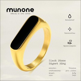 munone Black Stone Signet Ring,14k Gold Plated Titanium Signet Fashion Ring for Women Men, Fashion Dainty Stacking Ring Size 5-10