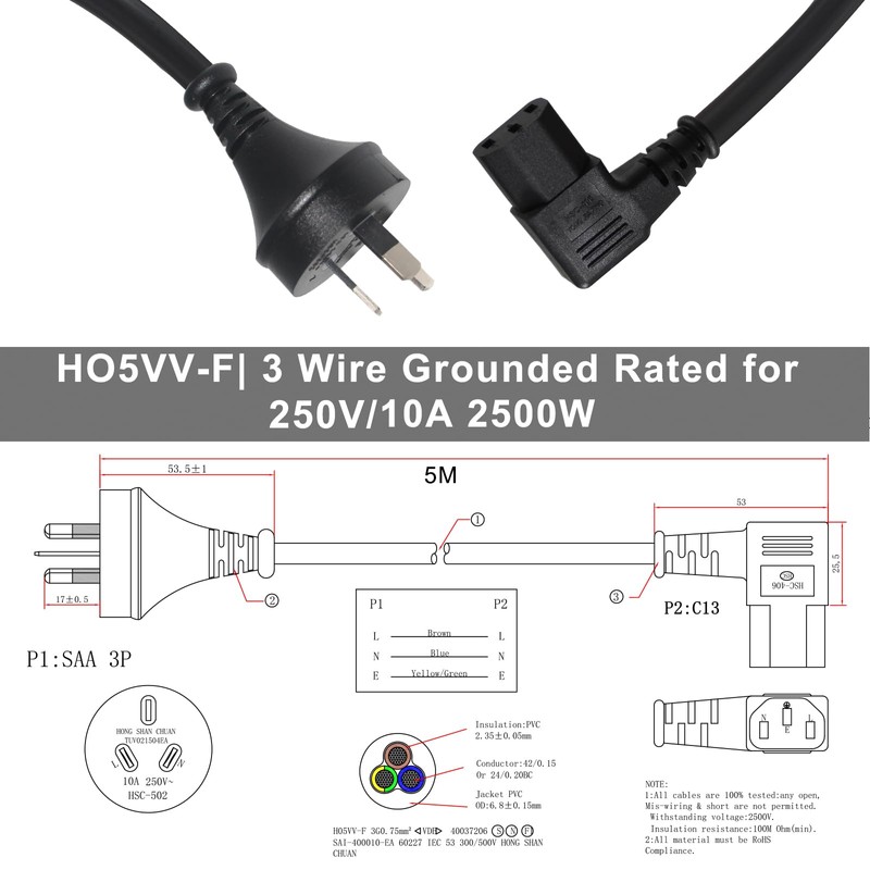 IEC 5M Power Lead 90 Degree Right Angled C13 Plug