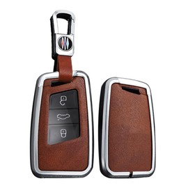 TECART Smart Car Key Case fit for VW Volkswagen Passat CC Arteon Atlas Cross Jetta Tiguan Magotan Teramont Remote Key Cover fit for Skoda Super Kodiaq 3 4 Buttons Key Shell Leather Silvery Brown