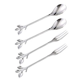 Turbokey Coffee Spoon Fork 4 Pack(2 Spoons 2 Forks),Silver Leaf Retro Dessert Coffee Small Spoon Cocktail Picks Fruit Fork Flatware,4.7 Inches Stainless Steel Tea Spoon Set (Silver4)