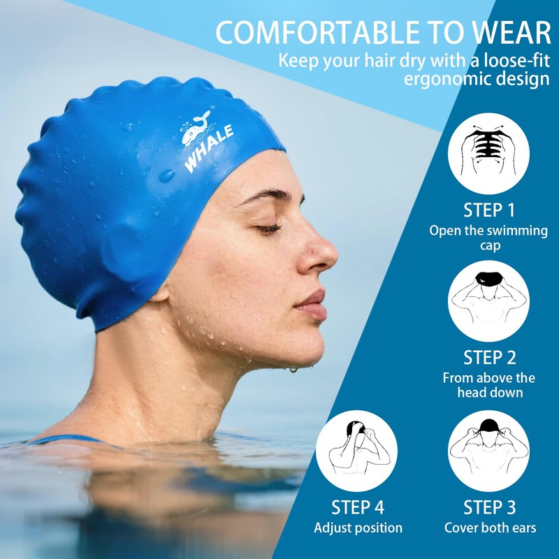 Whale Silicone Swim Cap - Waterproof, Non-Slip, High Elasticity -