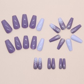 Hkanlre Purple Fake Nails Tips Shiny Gradient Press on Nails Full Cover Long False Coffin Nails for Women 24PCS