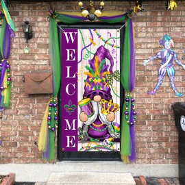 SENSEVEN Gnome Mardi Gras Door Banner, Spring New Orleans Carnival Gnome Door Cover, Gnome Mask Feather Beads Welcome Porch Sign, Spring Holiday Front Door Decorations 70.9 x 35.4 Inches