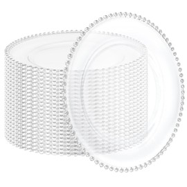 24 Pack Clear Charger Plates 13 Inch Clear Plastic Charger Plates with Beaded Rim Acrylic Round Dinner Plates for Home Kitchen Catering Wedding Table Event Party Dinner Tabletop Decoration (Silver)