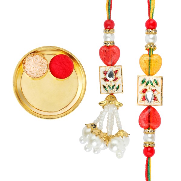 Brass Thali Plate Platter with Bhai Bhabhi Rakhi Bracelet Thread