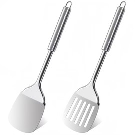 2 Piece Stainless Steel Spatula Set, Heat Resistant Kitchen Utensils, Spatula, Stainless Steel, Solid Spatula, Metal Cooking Utensils with Hanging, Suitable for Restaurants and Kitchens