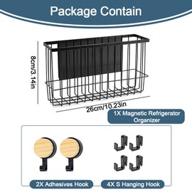 Abnaok Magnetic Refrigerator Organizer，Magnetic Kitchen Organizer Basket，Magnetic Spice Rack for Refrigerator, Moveable Magnetic Shelf Fridge Organizer with 6 Hooks for Kitchen and Oven Organization