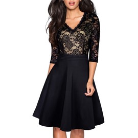 HOMEYEE Women's Chic V-Neck Lace Patchwork Flare Party Dress A062 (8, Black)