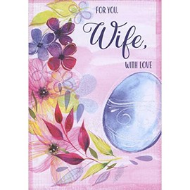 Designer Greetings Large Blue Egg with Glitter Swirls and Colorful Floral Left Border on Pink Easter Card for Wife