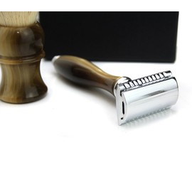Vintage Style Luxury Shaving Gift Set for Men (Synthetic Hair Brush Horn Handle,3 Different Type of Razor to Choose Horn Handle.Perfect as a Gift to Him (De Safety Razor)