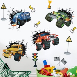 Runtoo Racing Car Wall Stickers 3D Truck Vehicles Wall Decal Boys Kids Bedroom Nursery Classroom Playroom Home Decor Gift