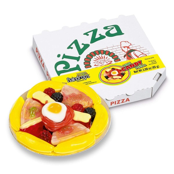 Raindrops Gummy Candy Pizza - 4.5” Mini Pizza with 18 Pieces of Candy Per Box - Yummy Toppings Made from Gummy Bears, Gummy Fruits, Licorice Ropes and More - Fun and Unique Candy Gifts (1 Pizza)