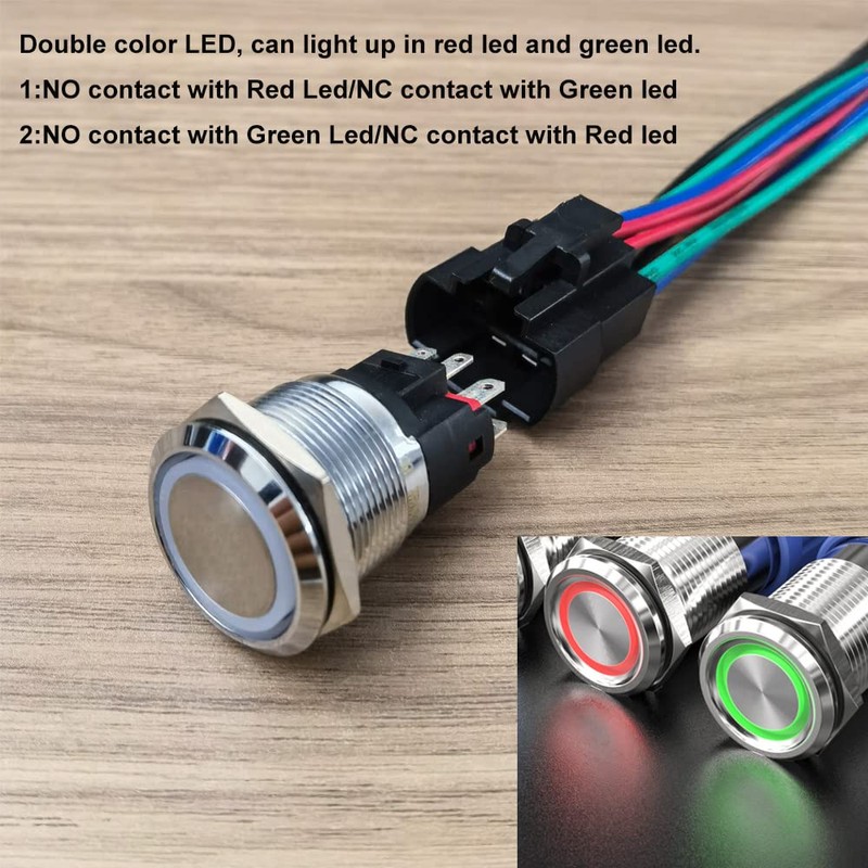 GUUZI 12V-24V/10A Momentary Push Button NO/NC, Waterproof, Green/Red LED Light,