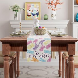 BOTB LIHM Happy Easter Colorful Cute Bunny Watercolor Rabbits Cloth Table Runner Burlap Table Decoration for Spring Home Kitchen Dining Dinner Indoor Holiday Farmhouse Decor 13x72 Inch