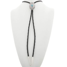 Navajo Spiderweb Turquoise Silver Bolo Tie Small Native American Sterling Patterns on Genuine Leather 0067