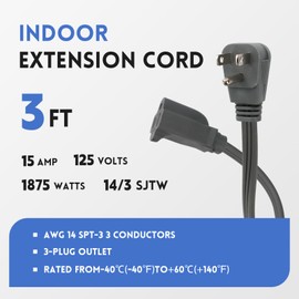 Zorky 3ft Flat Plug Gray Extension Cord，14/3 SPT-3 Heavy Duty Appliance Extension Cord-Extension Cable with 3 Prong Grounded Plug for Safety - for Appliance,Refrigerator, Space Heater
