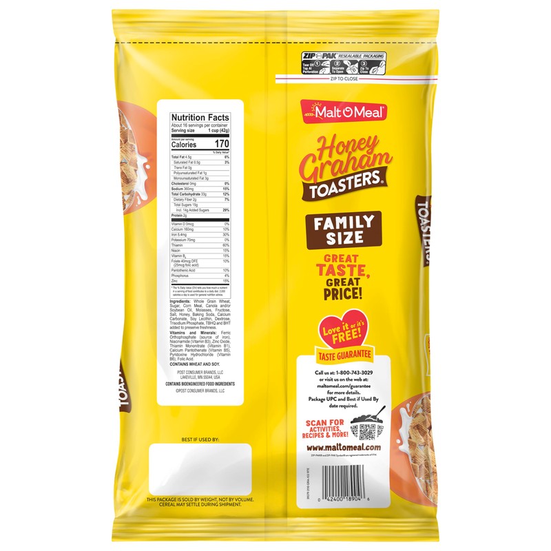 Malt-O-Meal Honey Graham Toasters Breakfast Cereal, Honey Graham Cereal Squares,