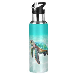 Sea Turtle Blue Teal Water Bottle Kids Insulated Boys Girls Stainless Steel Hot Cold Water Flask with Straw Lid for Sports Gym Running 20 oz