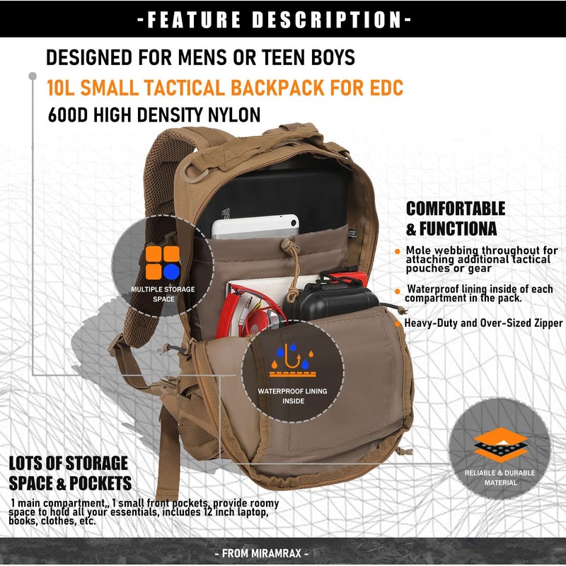 Miramrax 12L Small Backpack Day Pack - Mini Tactical Backpacks