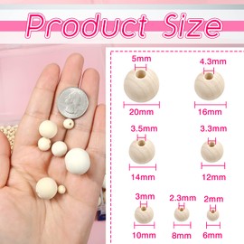 TOAOB 1050 Pieces Natural Round Wooden Beads Set 6 to 20 mm Mixed Size Spacer Beads with Box for DIY Jewellery Making