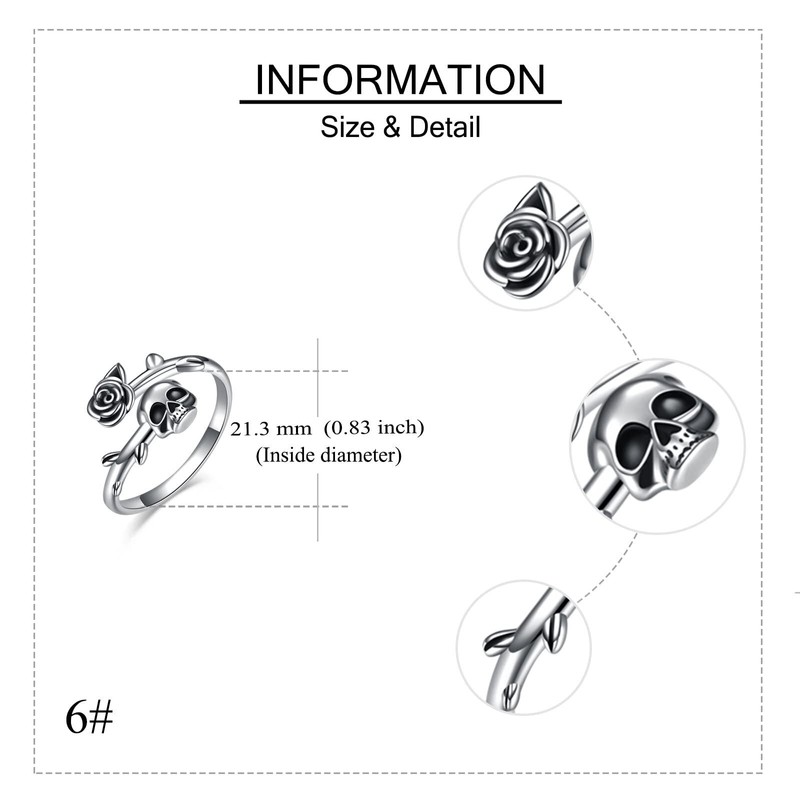 ONEFINITY Gothic Skull Ring Open Wrap Rose Flower Skeleton Statement