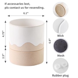 Nihow Self Watering Plant Pot: 6 Inch Ceramic Planter with Drainage Hole & Water Storage Plus for Indoor & Outdoor Plants - Cylinder Round Flower Pot for Succulent/Herbs/Violets - White & Nature