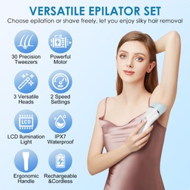 Elektrischer Epilierer für Damen, 6 in 1 Gesicht für Frauen Kabelloser, Wiederaufladbares LED-Display, Wet and Dry Damen Epilierer mit Peelingbürste, Reinigungsbürste, Massagekopf (Blau)