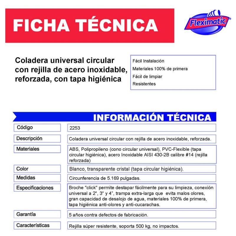 Fleximatic 2253 Coladera Universal con rejilla y bisel de acero
