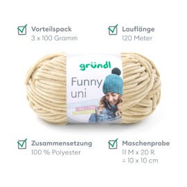Gründl Funny Plain Soft Chneille Yarn for Knitting and Crocheting 100% Polyester 2 Balls (100 g/120 m, Needle Size: 5-6), Beige