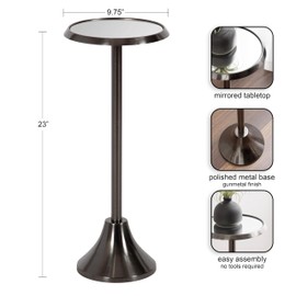 Kate and Laurel Sanzo Modern Pedestal Drink Table, 10 x 10 x 23, Gray Gunmetal, Decorative End Table with Mirrored Tabletop for Use as Small Plant Stand or Cute Martini Table