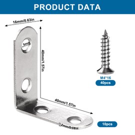 VooGenzek 10 PCS 40x40x16x2 mm L Brackets, Corner Brackets, 90 Degree Right Angle Brackets Fastener, Stainless Steel L Shaped Corner Braces, with 40 PCS Screws, for Furniture Desk Table Shelf