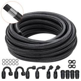 VEVOR 6AN Fuel Line Kit, 20 FT Fuel Hose Kit, 0.34" Nylon Stainless Steel Braided Fuel Line Oil/Gas/Diesel Hose End Fitting Kit, with 12 PCS Swivel Fitting Adapter Kit, Black