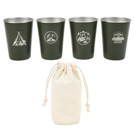4Pcs Camping Cups Portable 304 Stainless Steel High Temperature Resistant Pint Cups for Outdoor Traveling 350ML Army Green
