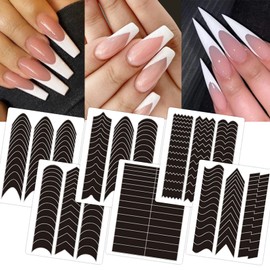 1422 Pcs French Tip Nail Guides, Self-Adhesive French Moon Shaped V-Shaped Manicure Strip Stickers for Edge Auxiliary Black DIY Decoration Stencil Tools(11 Designs, 36 Sheets)