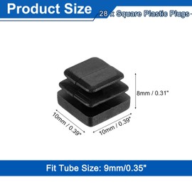 uxcell 28Pcs Square Plastic Plugs, 10 x 10mm/0.39 x 0.39inch PE Pipe Tubing End Caps for 9mm/0.35inch Square Tube Furniture Chair Leg, Black