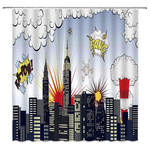 XZMAN Superhero Shower Curtain Buildings Cityscape City Skyline Cartoon Comic