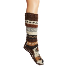 Tibetan Socks Hand Knit Wool Fleece Lined Long Slipper Socks (Small, Brown)