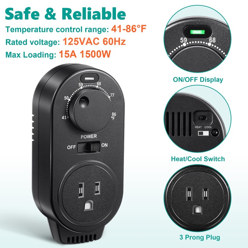 Gulfmew Adjustable Thermostat, Plug in Heating and Cooling Thermostat Controlled